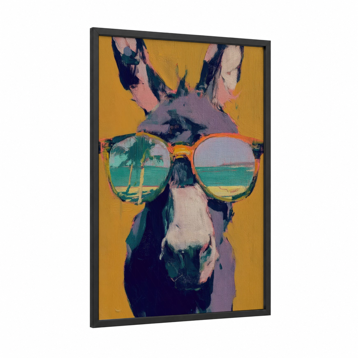 Cool Donkey framed art print — black wood frame — yellow gold and teal palette