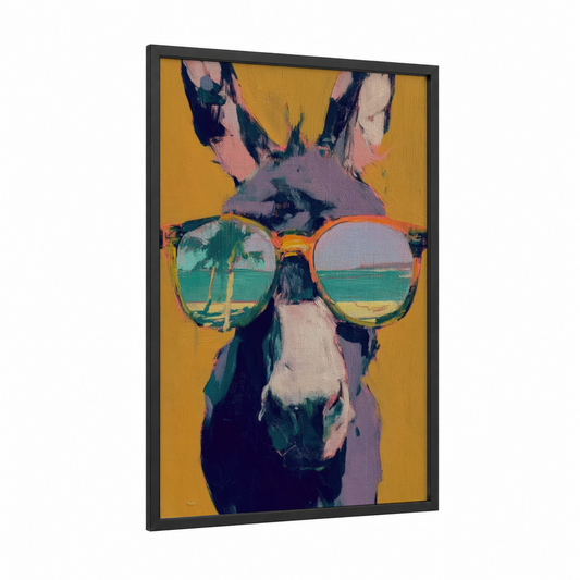 Cool Donkey framed art print — black wood frame — yellow gold and teal palette