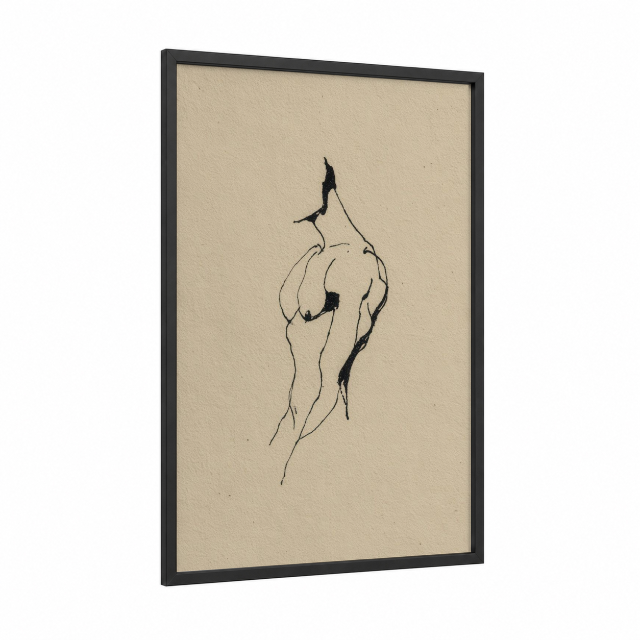 Minimalist Figure Study framed bodybuilding print — black wood frame — black and beige palette