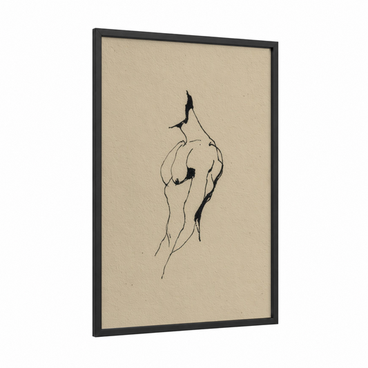 Minimalist Figure Study framed bodybuilding print — black wood frame — black and beige palette