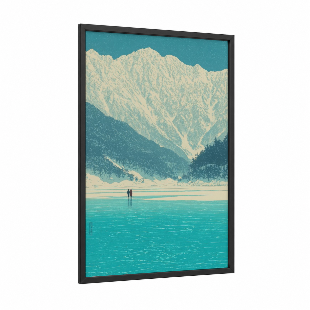 Snowy Mountain Skaters framed ice skating print — black wood frame — teal and cream palette