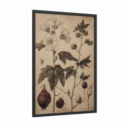 Botanical Herbs Study framed art print — black wood frame — beige and black palette