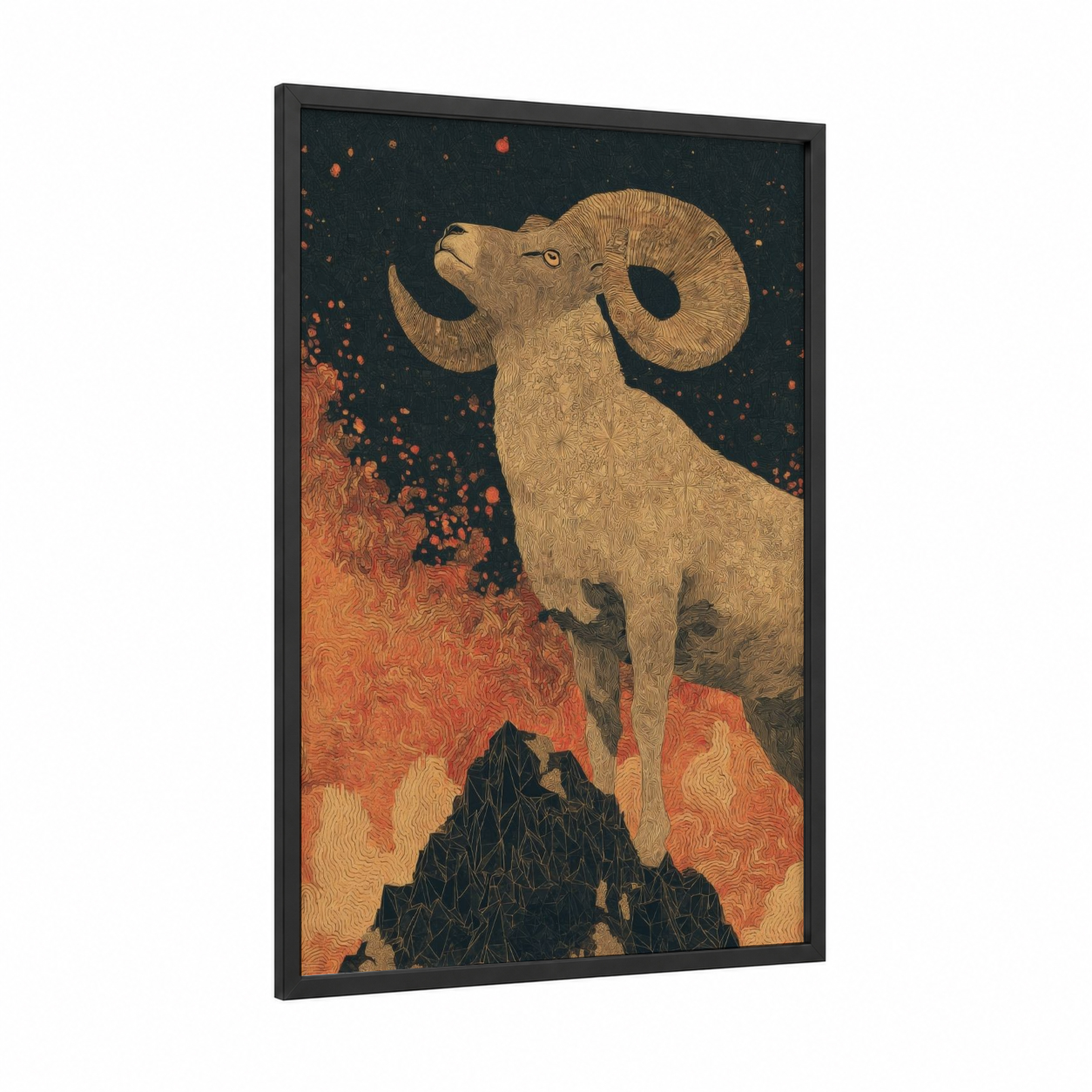 Celestial Ram framed aries print — black wood frame — gold and black and gold palette