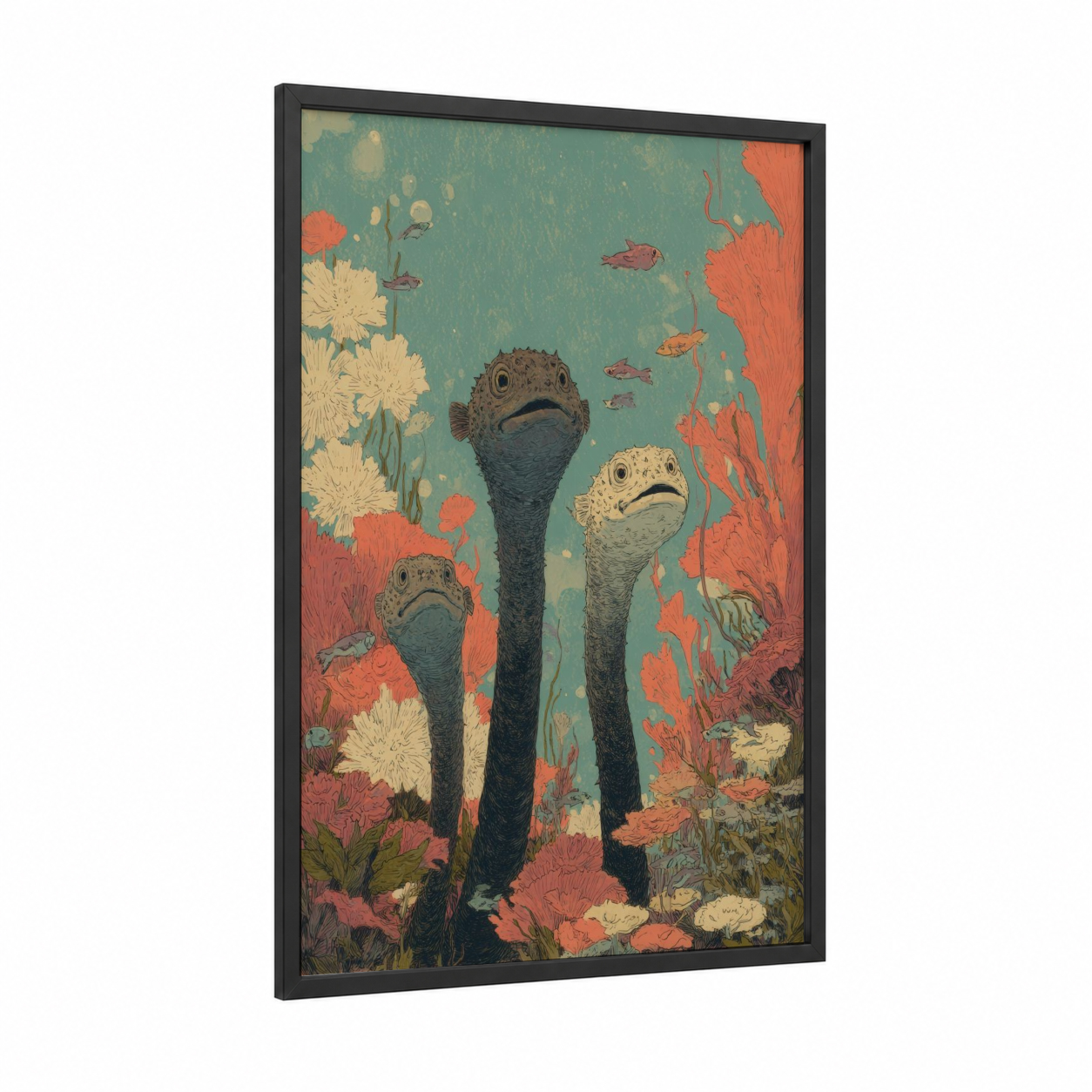 Coral Garden Eels framed art print — black wood frame — teal and salmon pink palette