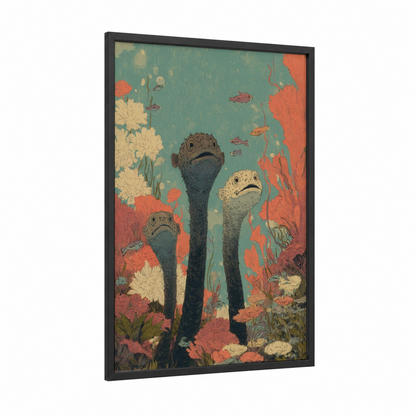 Coral Garden Eels framed art print — black wood frame — teal and salmon pink palette