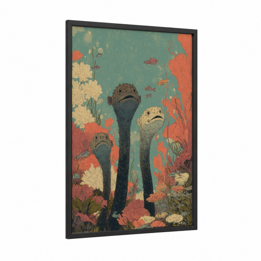 Coral Garden Eels framed art print — black wood frame — teal and salmon pink palette