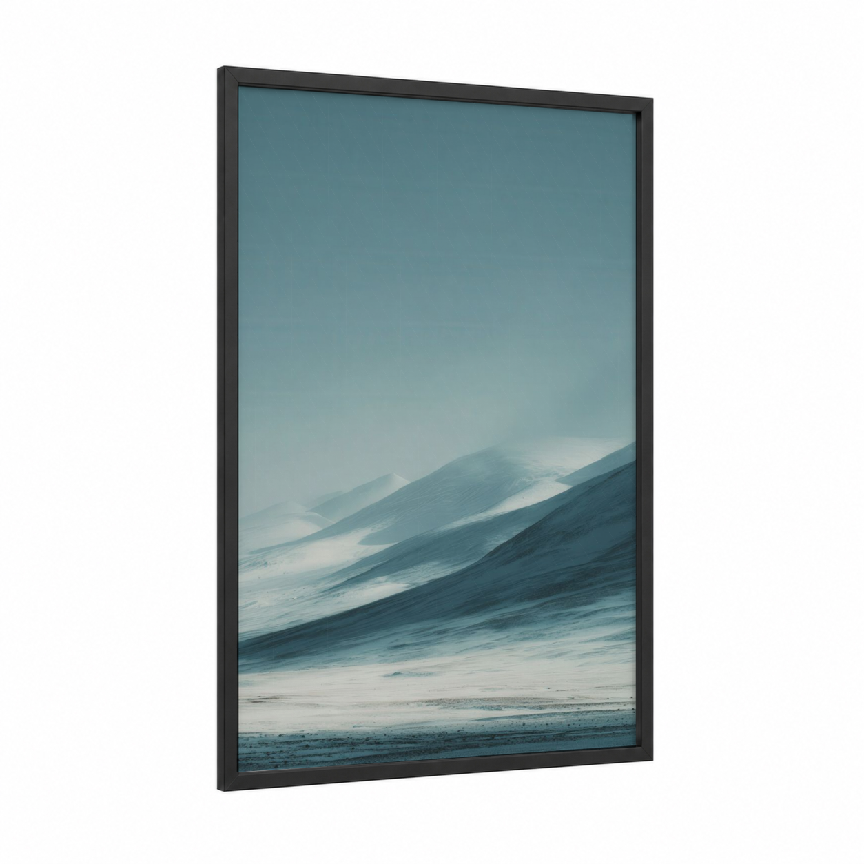 Misty Glacier framed art print — black wood frame — blue and white and gray palette