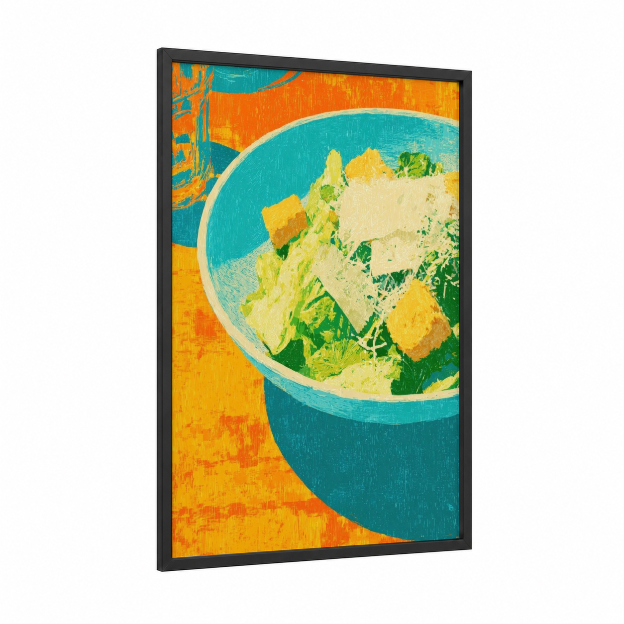 Vibrant Salad Bowl framed poultry print — black wood frame — orange and teal palette