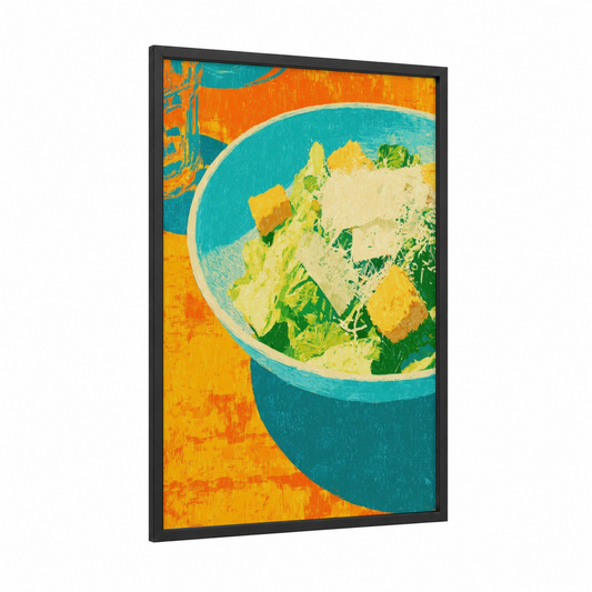 Vibrant Salad Bowl framed poultry print — black wood frame — orange and teal palette