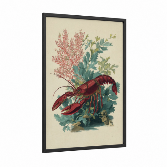 Crimson Lobster framed art print — black wood frame — red and cream palette