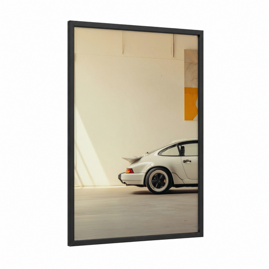 Cream Sports Car framed art print — black wood frame — cream and gray and white palette