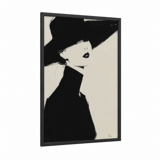 Elegant Hat Portrait framed retro fashion print — black wood frame — black and white and cream palette