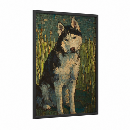 Meadow Husky framed art print — black wood frame — blue and green and cream palette