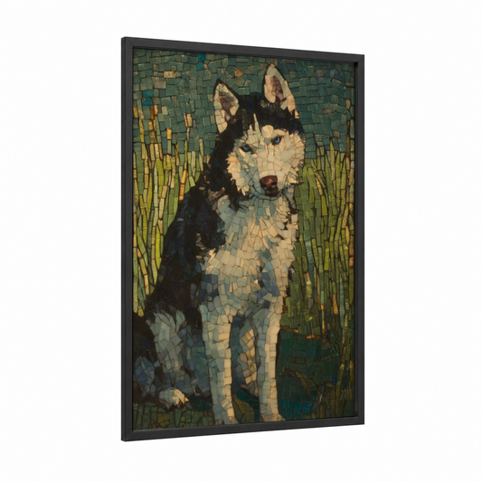 Meadow Husky framed art print — black wood frame — blue and green and cream palette