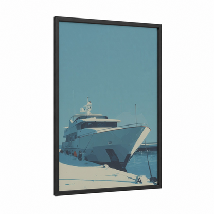 Moored Yacht framed yacth print — black wood frame — blue and white and teal palette
