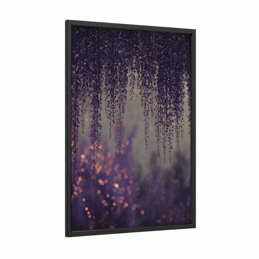 Ethereal Wisteria framed art print — black wood frame — purple and gold palette