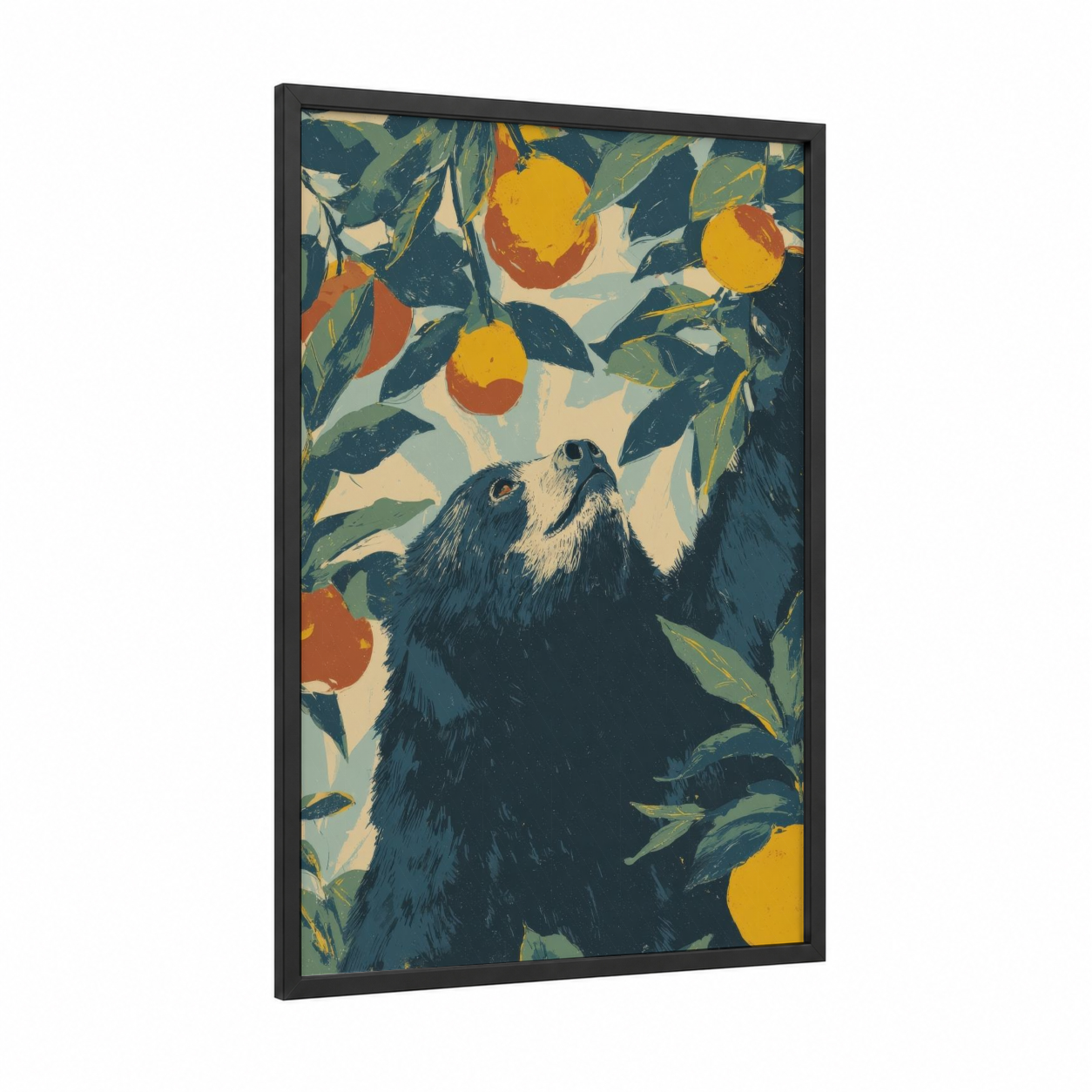 Orchard Sloth Bear framed art print — black wood frame — gold and dark green palette