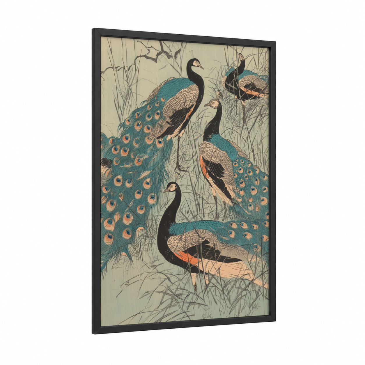 Elegant Peacock Garden framed art print — black wood frame — teal and gold palette