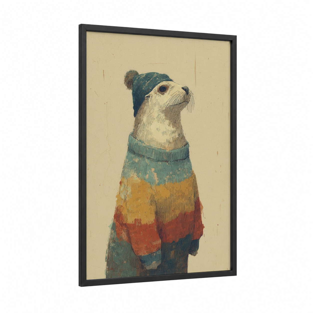 Cozy Sea Lion framed art print — black wood frame — cream and teal palette