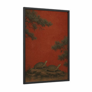 Asian Turtles Pine Branches Wall Art framed art print — black wood frame — red and russet palette