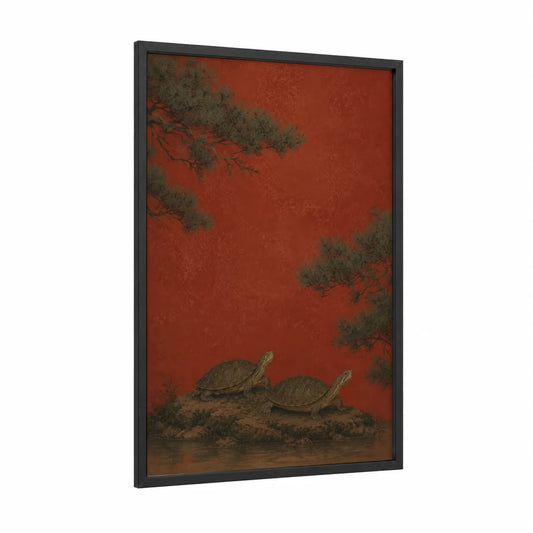 Asian Turtles Pine Branches Wall Art framed art print — black wood frame — red and russet palette
