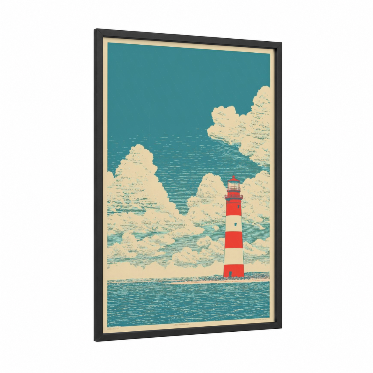 Coastal Lighthouse framed art print — black wood frame — teal and cream palette