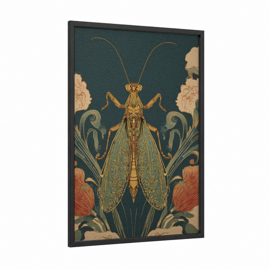 Golden Mantis framed prayin mantis print — black wood frame — gold and teal palette
