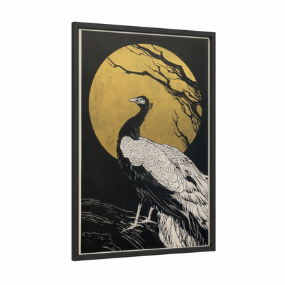 Moonlit Peacock framed art print — black wood frame — black and gold and cream palette