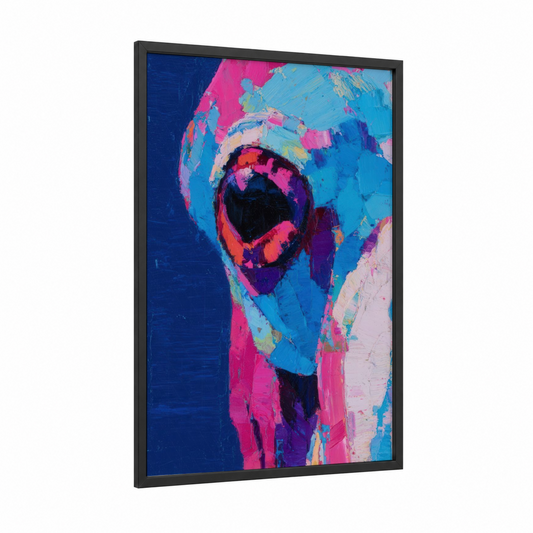Neon Squid framed art print — black wood frame — magenta and blue palette
