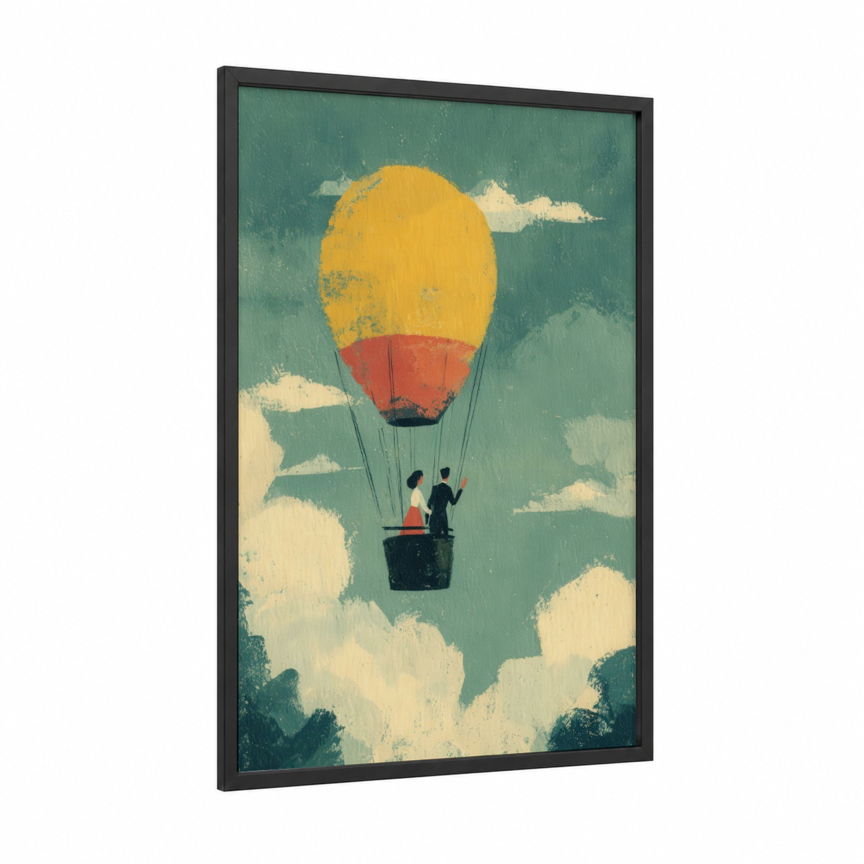 Skybound Adventure framed hot air baloon print — black wood frame — sage green and yellow gold palette