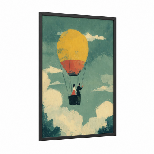 Skybound Adventure framed hot air baloon print — black wood frame — sage green and yellow gold palette