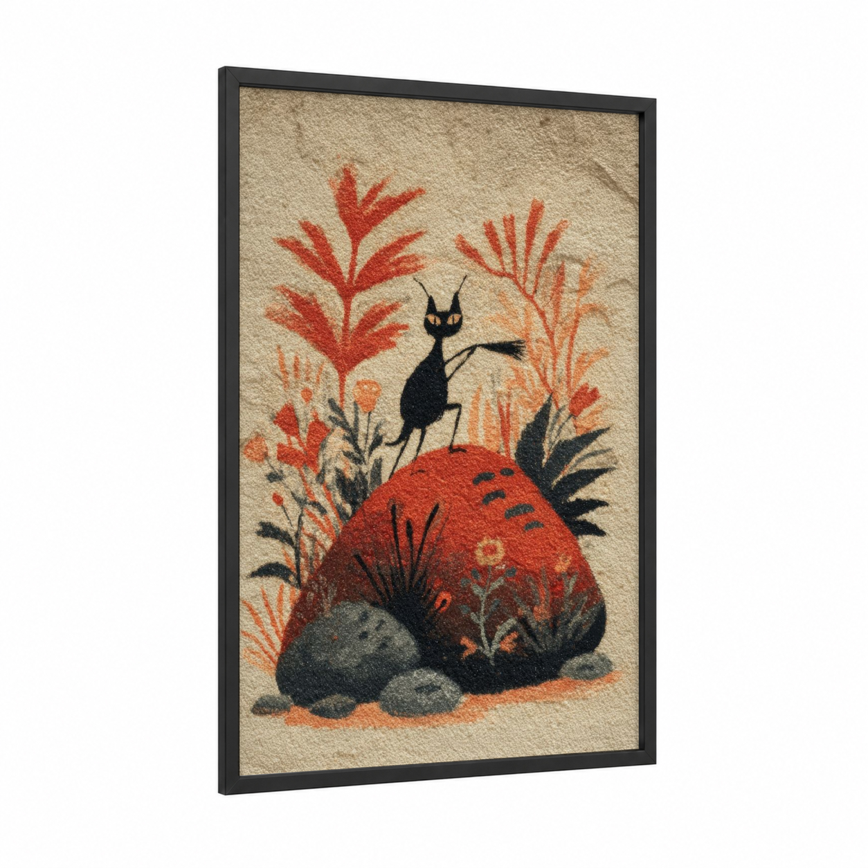 Garden Ant Explorer framed art print — black wood frame — red and beige palette