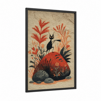 Garden Ant Explorer framed art print — black wood frame — red and beige palette