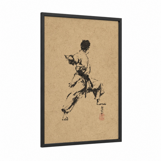 Dynamic Karate Kick framed art print — black wood frame — black and white and beige palette