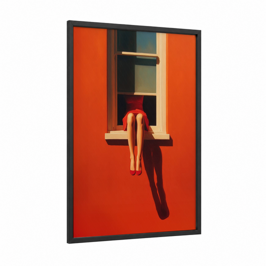 Red Window Reverie framed art print — black wood frame — red and gold palette