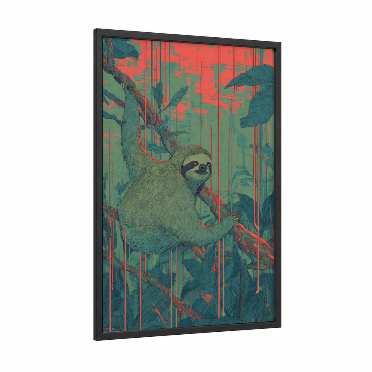 Canopy Sloth framed art print — black wood frame — light green and red palette
