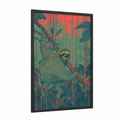 Canopy Sloth framed art print — black wood frame — light green and red palette