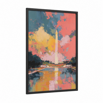 Colorful Monument framed washington monument print — black wood frame — salmon pink and yellow gold palette