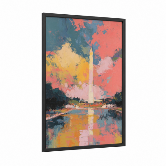 Colorful Monument framed washington monument print — black wood frame — salmon pink and yellow gold palette