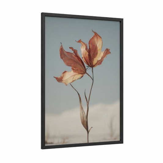 Faded Tulip Bloom framed art print — black wood frame — russet and dove gray palette