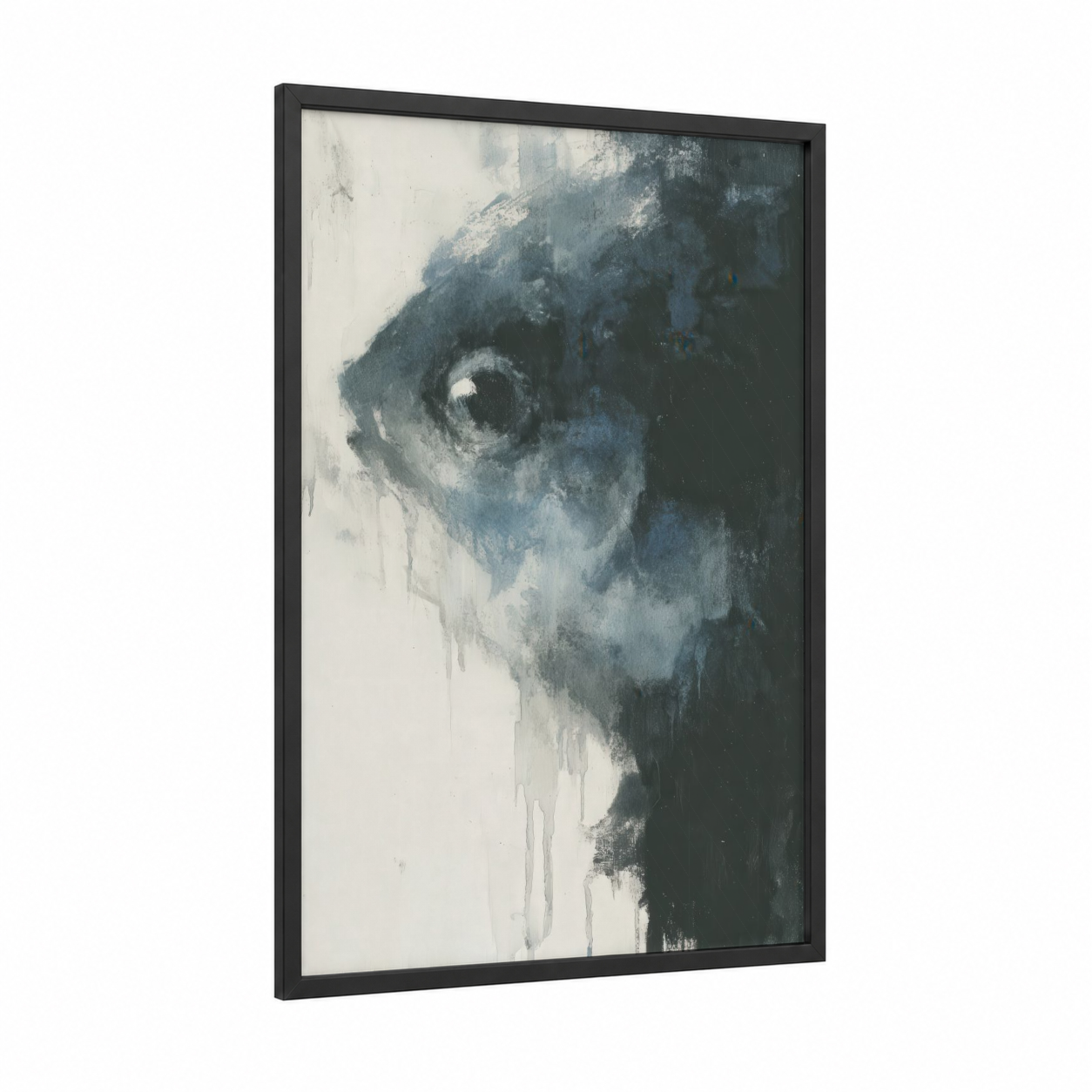 Contemplative Bass framed art print — black wood frame — gray and blue and white palette