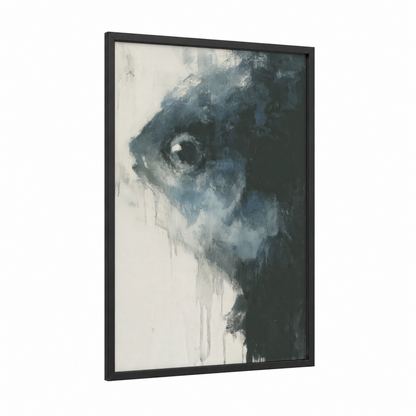 Contemplative Bass framed art print — black wood frame — gray and blue and white palette
