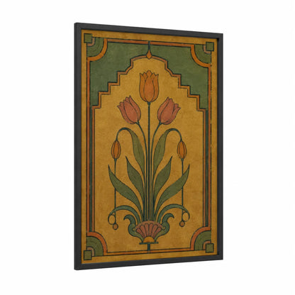 Art Deco Tulip Botanical Wall Art framed art print — black wood frame — gold and olive palette