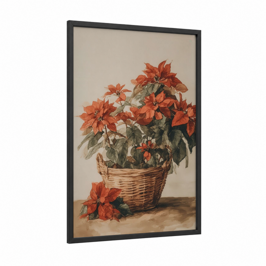 Potted Poinsettias framed art print — black wood frame — red and cream palette