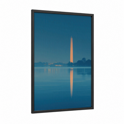Dawn Monument Reflection framed washington monument print — black wood frame — blue and peach palette