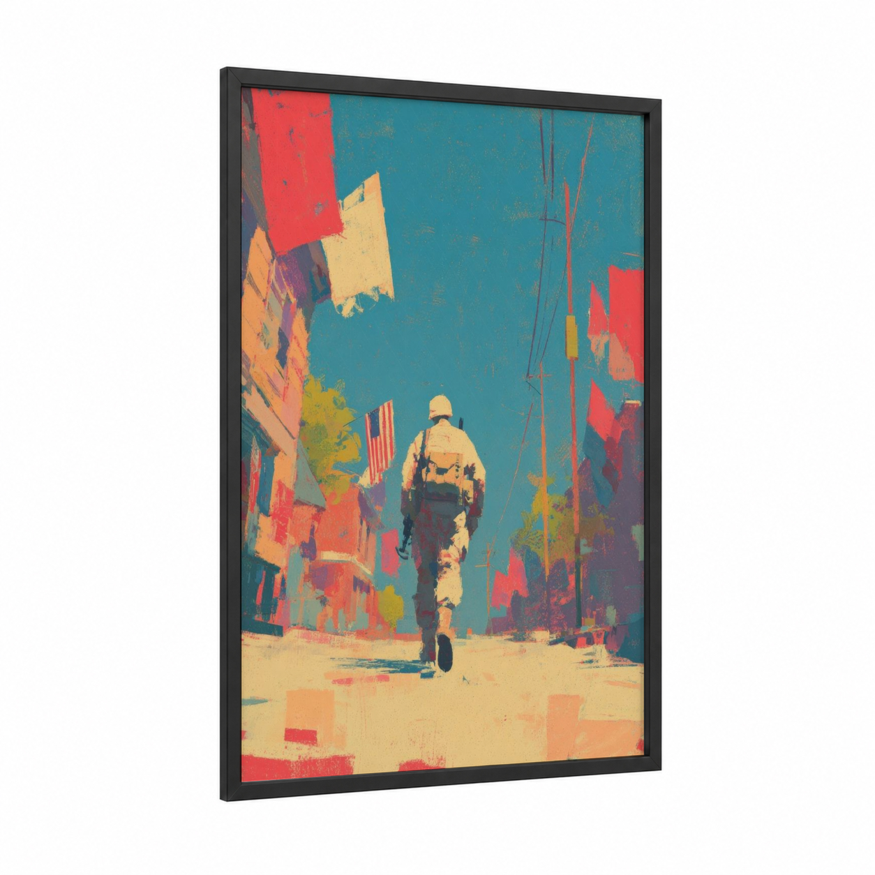 Urban Soldier Tribute framed veterans day print — black wood frame — red and teal palette