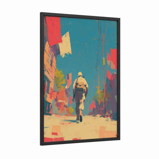Urban Soldier Tribute framed veterans day print — black wood frame — red and teal palette