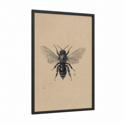 Detailed Bee Study framed art print — black wood frame — beige and black palette