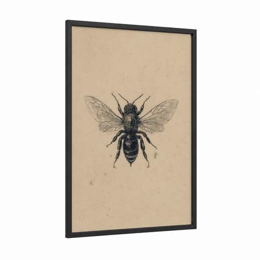 Detailed Bee Study framed art print — black wood frame — beige and black palette