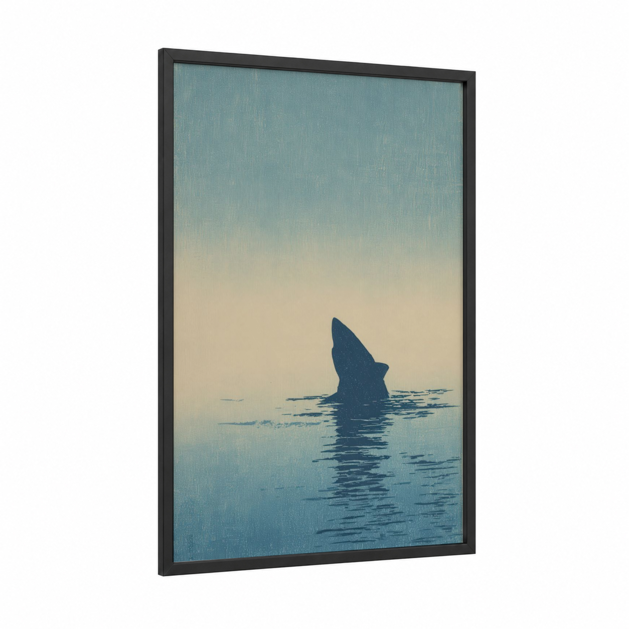 Basking Shark Solitude framed art print — black wood frame — teal and cream palette